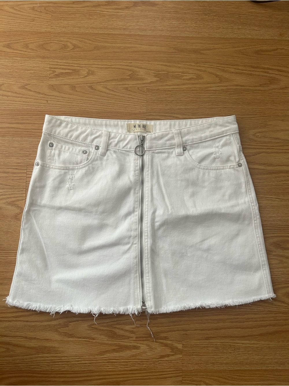 Free People White Front Zip Frayed Hem Denim Mini Skirt